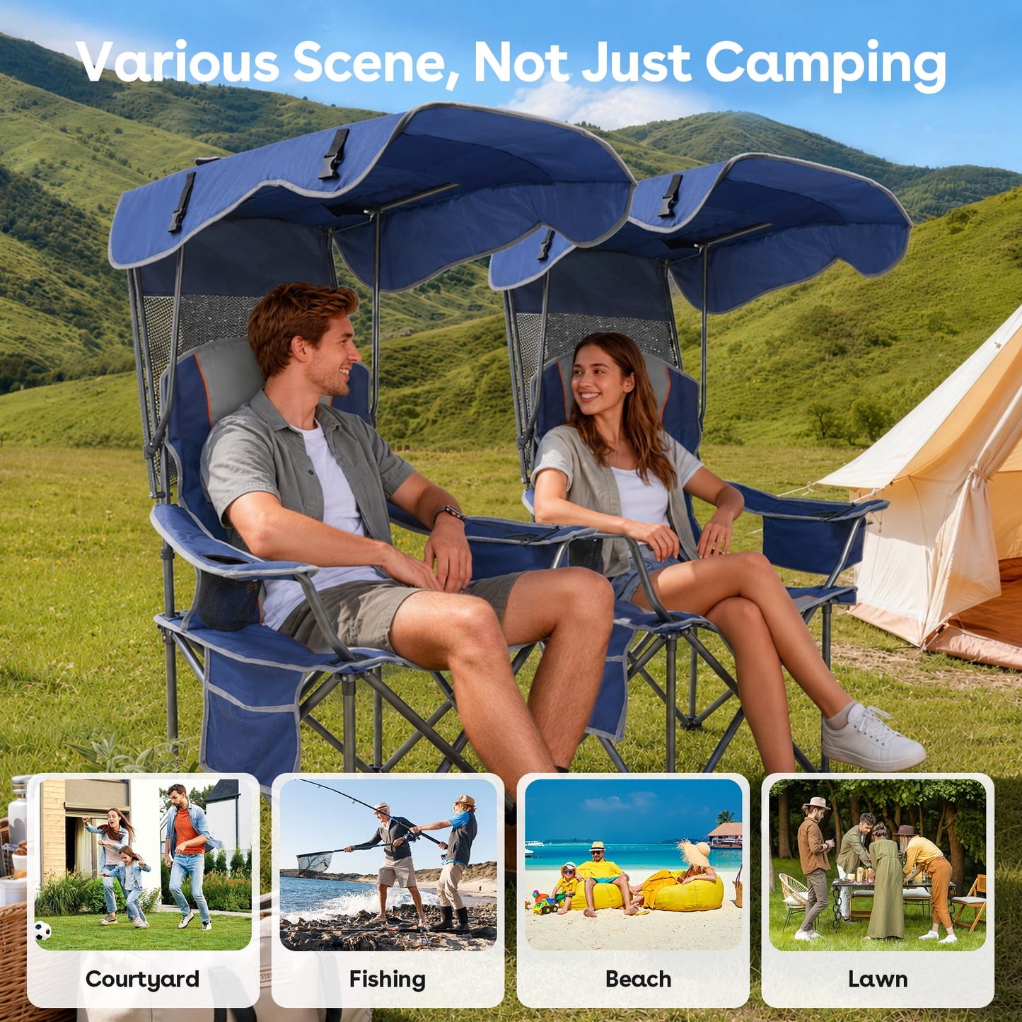 DKMOCO 2 Pack Camping Chairs with Canopy, Outdoor Folding Chairs with Adjustable Sun Shade, Cup Holder, Side Pocket, Heavy Duty Portable Lawn Chairs for Adults, Blue Gray