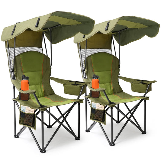 DKMOCO 2 Pack Camping Chairs with Canopy, Outdoor Folding Chairs with Adjustable Sun Shade, Cup Holder, Side Pocket, Heavy Duty Portable Lawn Chairs for Adults, Green