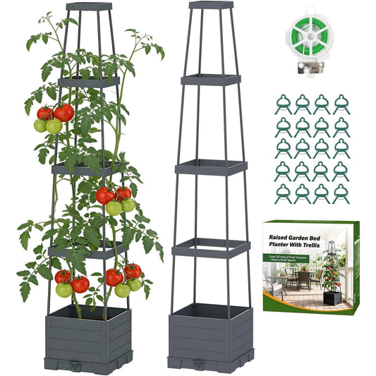 DKMOCO 2-Pack Raised Garden Bed Planter Box with Trellis, Self-Watering Tomato Cage Planters for Climbing Plants Vegetable Vine Flowers Outdoor & Indoor