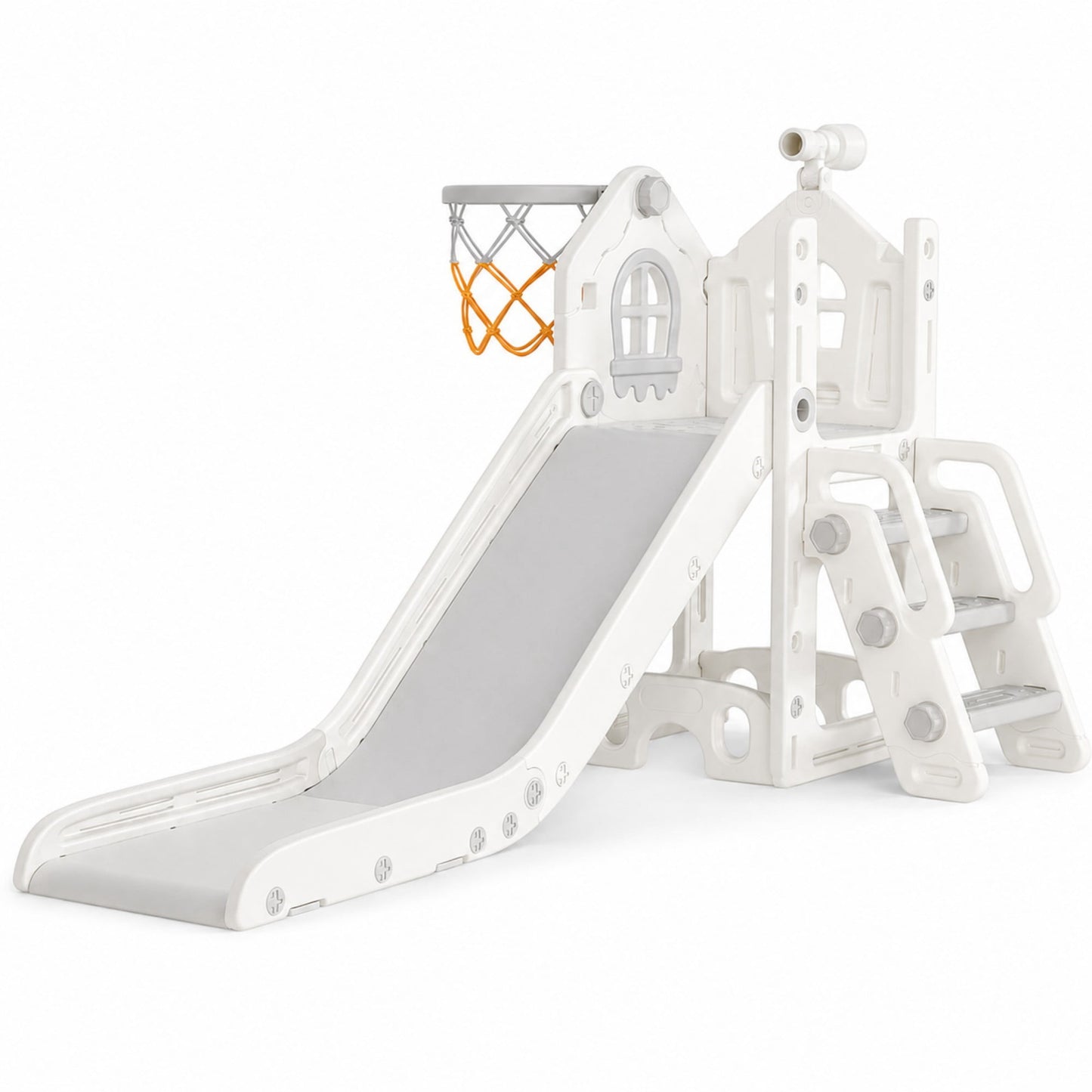 DKMOCO 6-in-1 Toddler Slide, Climber Slide PlaySet with Basketball Hoop, Telescope & Anti-Slip Pads, Indoor Outdoor Playground Age 1-3, White Gray