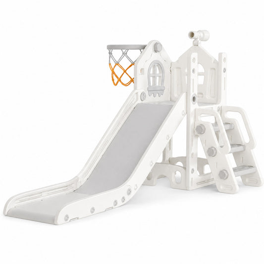 DKMOCO 6-in-1 Toddler Slide, Climber Slide PlaySet with Basketball Hoop, Telescope & Anti-Slip Pads, Indoor Outdoor Playground Age 1-3, White Gray