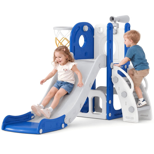 DKMOCO 6-in-1 Toddler Slide, Kids Slide with Basketball Hoop & Telescope, Indoor Outdoor Playset for Toddlers 1-3, Blue Gray