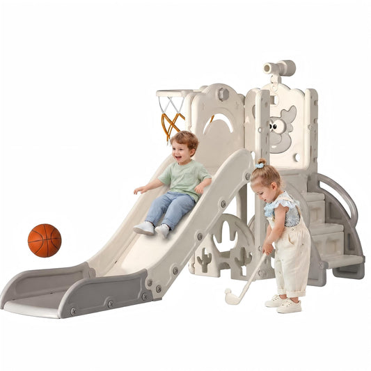 DKMOCO 6-in-1 Toddler Slide Playset, Indoor Outdoor Climber and Slide with Basketball Hoop, Golf Game, Telescope and Storage, Safe HDPE Plastic Playground for Kids Ages 1-3, Gray White