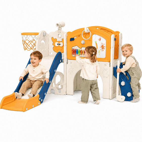 DKMOCO 7-in-1 Toddler Slide and Swing Set, slides for kids 1-3, Indoor Outdoor Toddler Playset with Climber, Basketball Hoop & Golf Toys, Blue Yellow