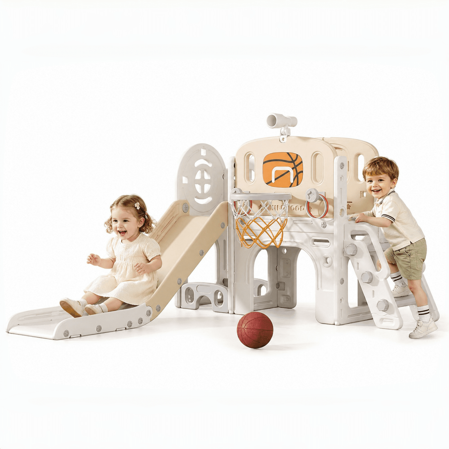 DKMOCO 9-in-1 Toddler Slide, Climber Slide PlaySet with Basketball Hoop, Ring Toss, Telescope , Indoor Outdoor Playset Playground, Beige Coffee