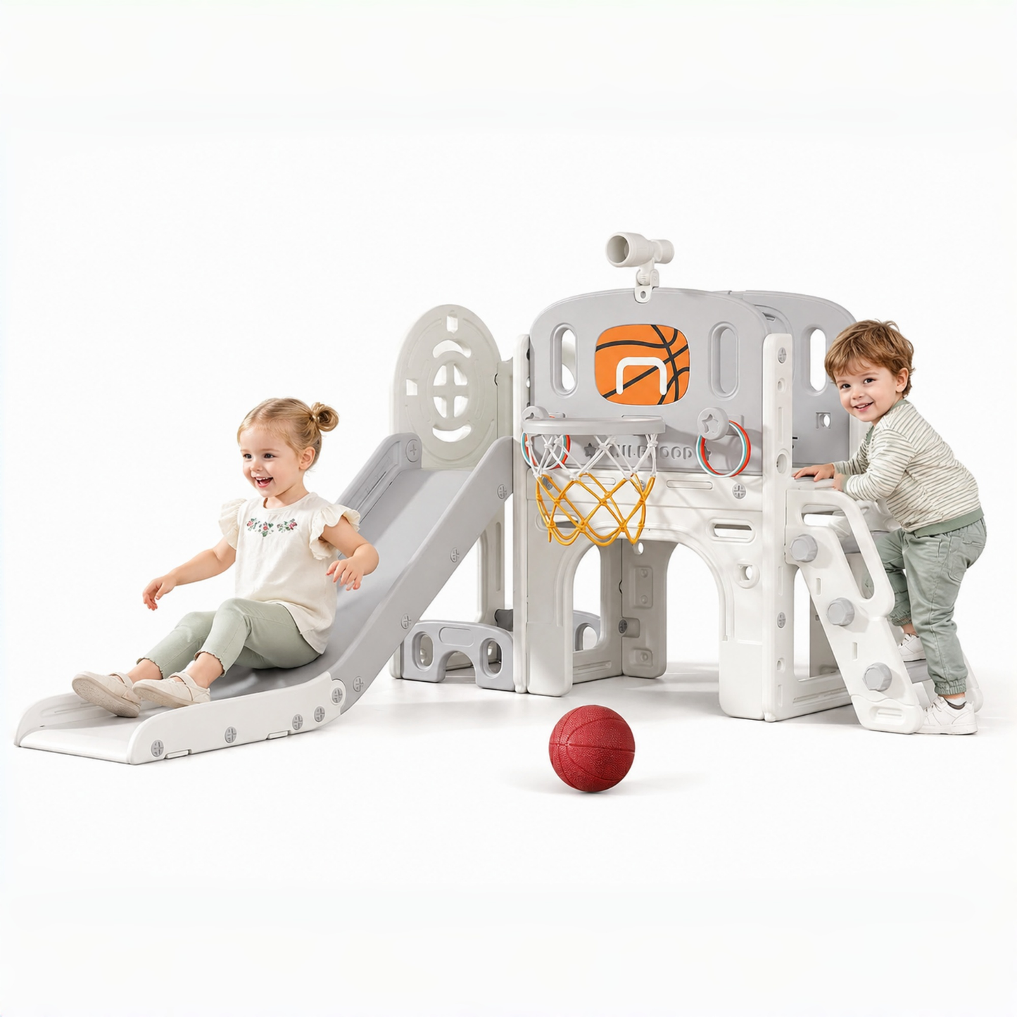 DKMOCO 9-in-1 Toddler Slide, Climber Slide PlaySet with Basketball Hoop, Ring Toss, Telescope , Indoor Outdoor Playset Playground, Beige Gray