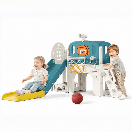 DKMOCO 9-in-1 Toddler Slide, Climber Slide PlaySet with Basketball Hoop, Ring Toss, Telescope , Indoor Outdoor Playset Playground, Blue Yellow