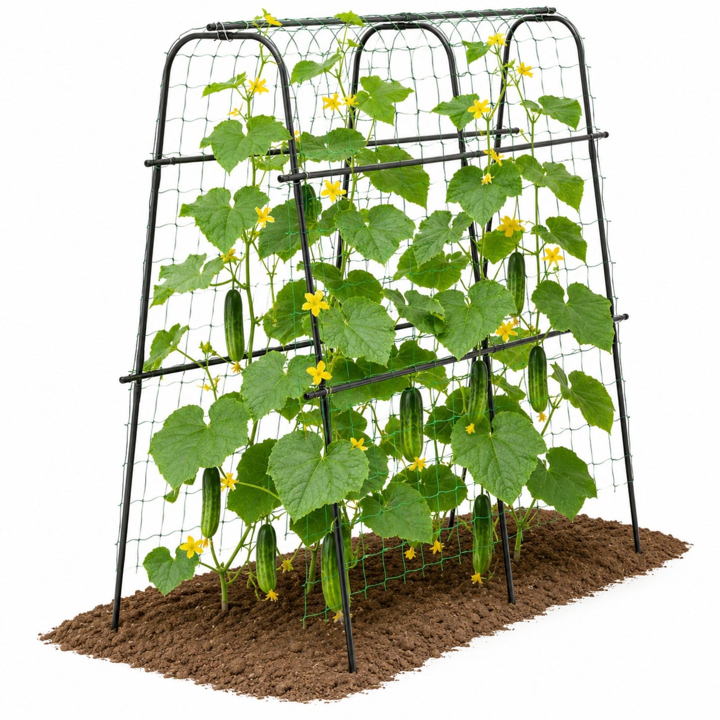 DKMOCO Cucumber Trellis for Raised Bed, 63" x 63" U-Shaped Garden Trellis for Climbing Plants, Metal Tomato Trellis with Netting, Plant Support for Cucumbers, Beans, Peas & Vegetables