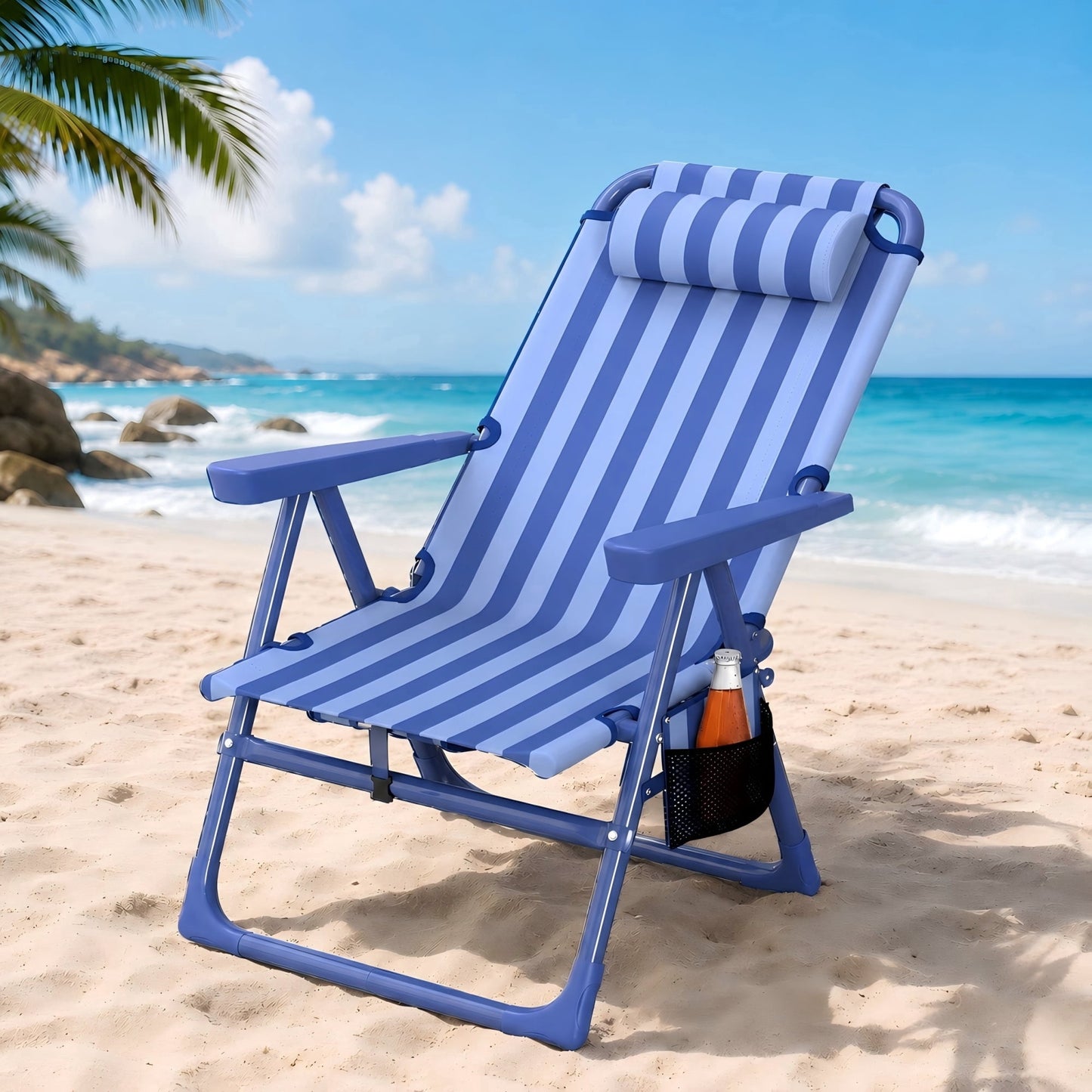 DKMOCO Backpack Beach Chair for Adults, 6-Position Folding Reclining Chair with Cooler Bag & Cup Holder, Lightweight Portable for Camping, Outdoor, Sand, Travel, Stripe Blue