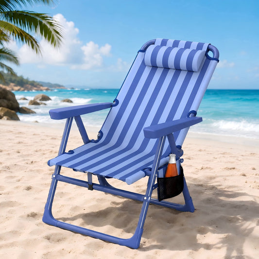 DKMOCO Backpack Beach Chair for Adults, 6-Position Folding Reclining Chair with Cooler Bag & Cup Holder, Lightweight Portable for Camping, Outdoor, Sand, Travel, Stripe Blue