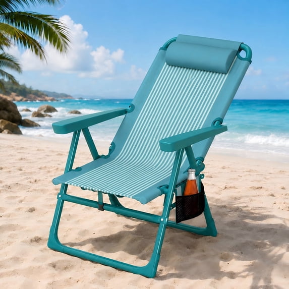 DKMOCO Backpack Beach Chair, Folding 6-Positions Reclining Beach Chairs with Cooler Bag Cup Holder for Sand Outdoor Fishing,Striped Green