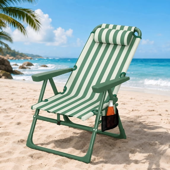 DKMOCO Backpack Beach Chair, Folding 6-Positions Reclining Beach Chairs with Cooler Bag Cup Holder for Sand Outdoor Fishing,Striped Olive Green