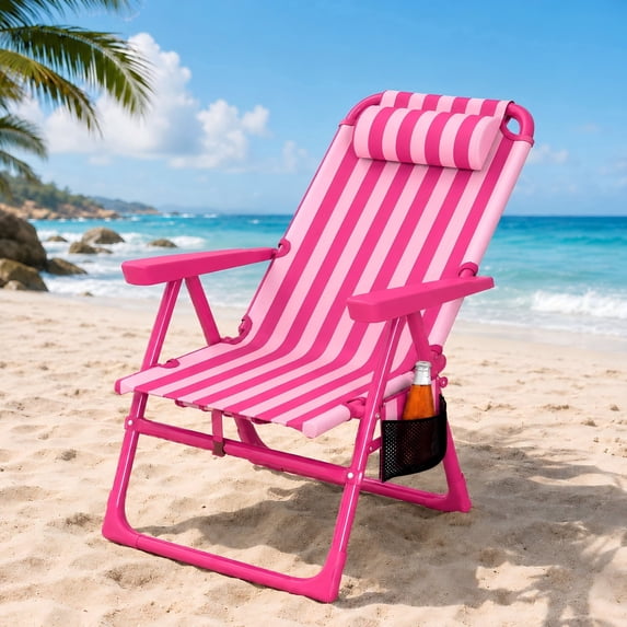 DKMOCO Backpack Beach Chair, Folding 6-Positions Reclining Beach Chairs with Cooler Bag Cup Holder for Sand Outdoor Fishing,Striped Pink