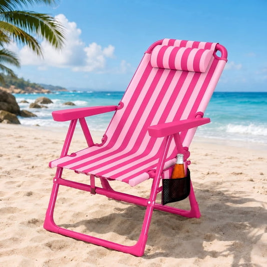 DKMOCO Backpack Beach Chair, Folding 6-Positions Reclining Beach Chairs with Cooler Bag Cup Holder for Sand Outdoor Fishing,Striped Pink