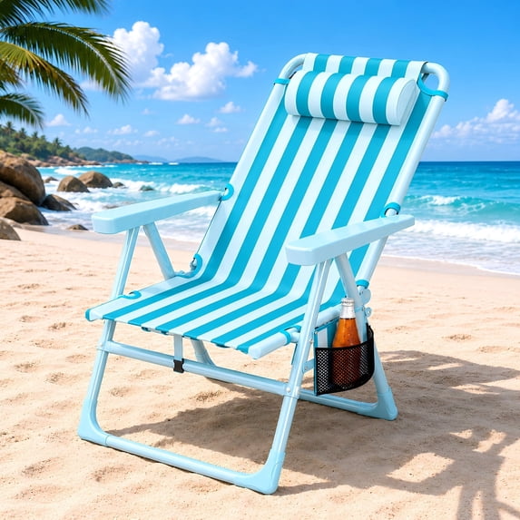 DKMOCO Backpack Beach Chair, Folding 6-Positions Reclining Beach Chairs with Cooler Bag Cup Holder for Sand Outdoor Fishing,Striped Sky Blue