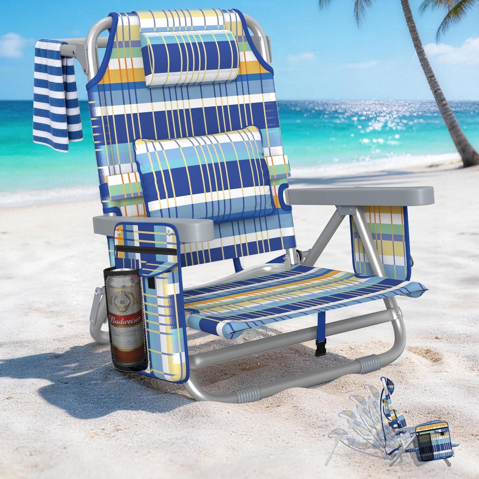 DKMOCO Beach Chair Folding Camping Chair for Adults, Portable Outdoor Lounge Chair with Cup Holder for Outside Lawn Patio, Blue-Green-Orange