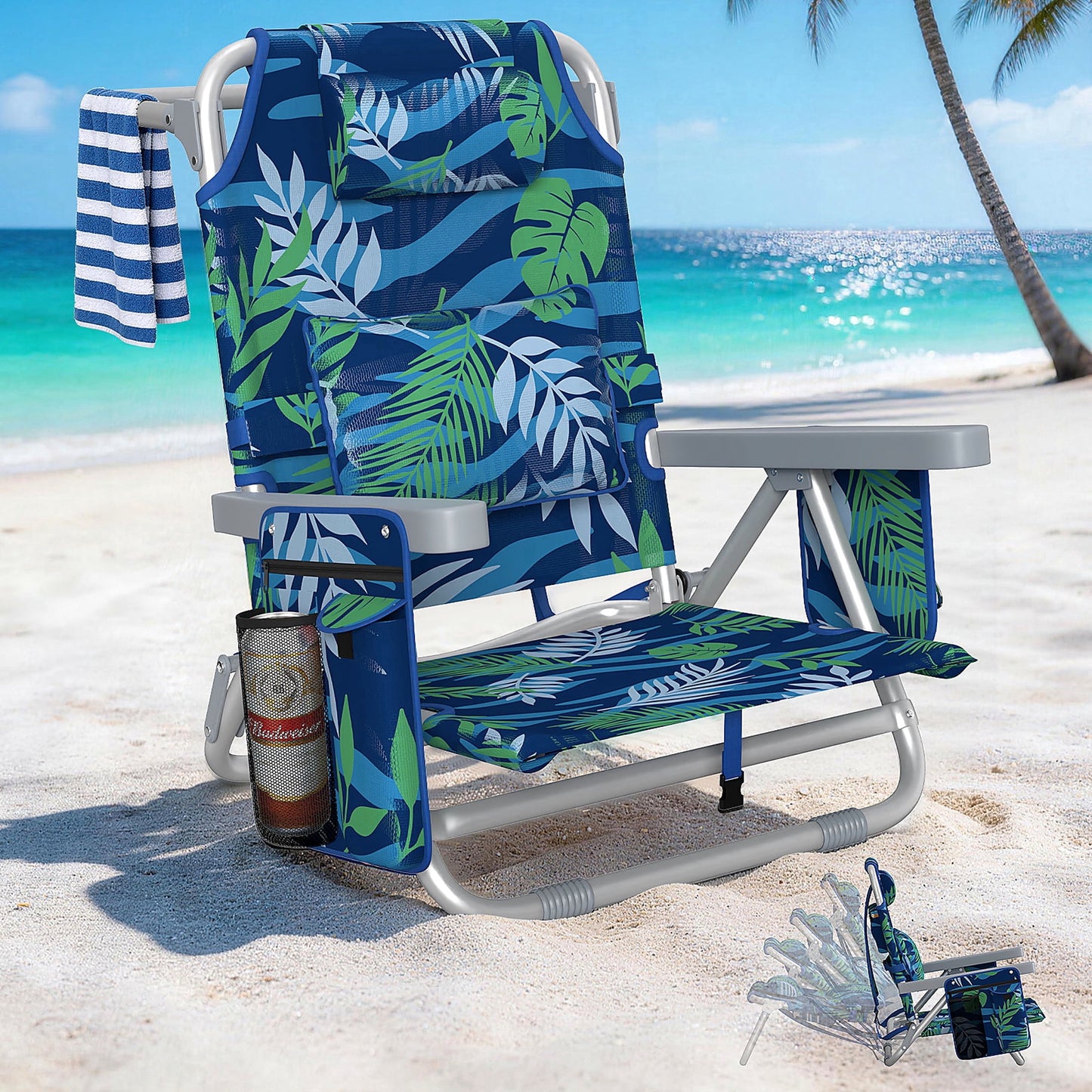 DKMOCO Beach Chair Folding Camping Chair for Adults, Portable Outdoor Lounge Chair with Cup Holder for Outside Lawn Patio, Leaf Blue-Green