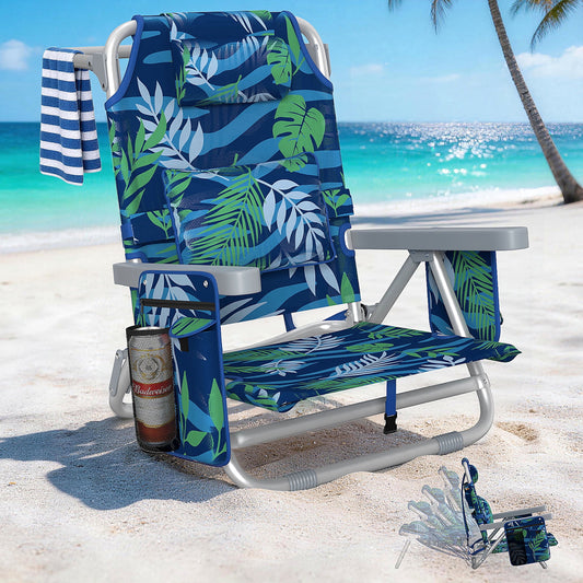 DKMOCO Beach Chair Folding Camping Chair for Adults, Portable Outdoor Lounge Chair with Cup Holder for Outside Lawn Patio, Leaf Blue-Green