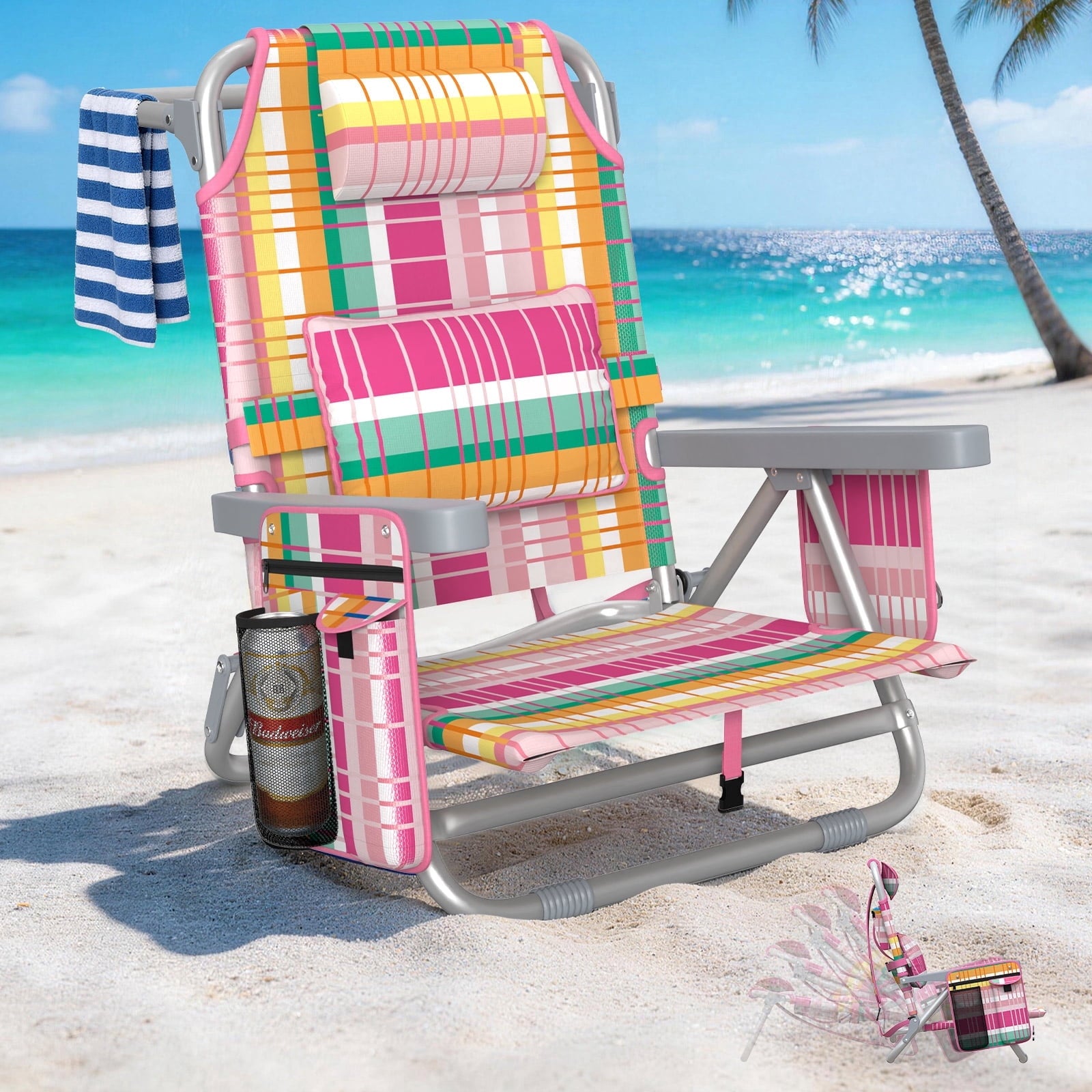 DKMOCO Beach Chair Folding Camping Chair for Adults, Portable Outdoor Lounge Chair with Cup Holder for Outside Lawn Patio, Rainbow Pink Stripes