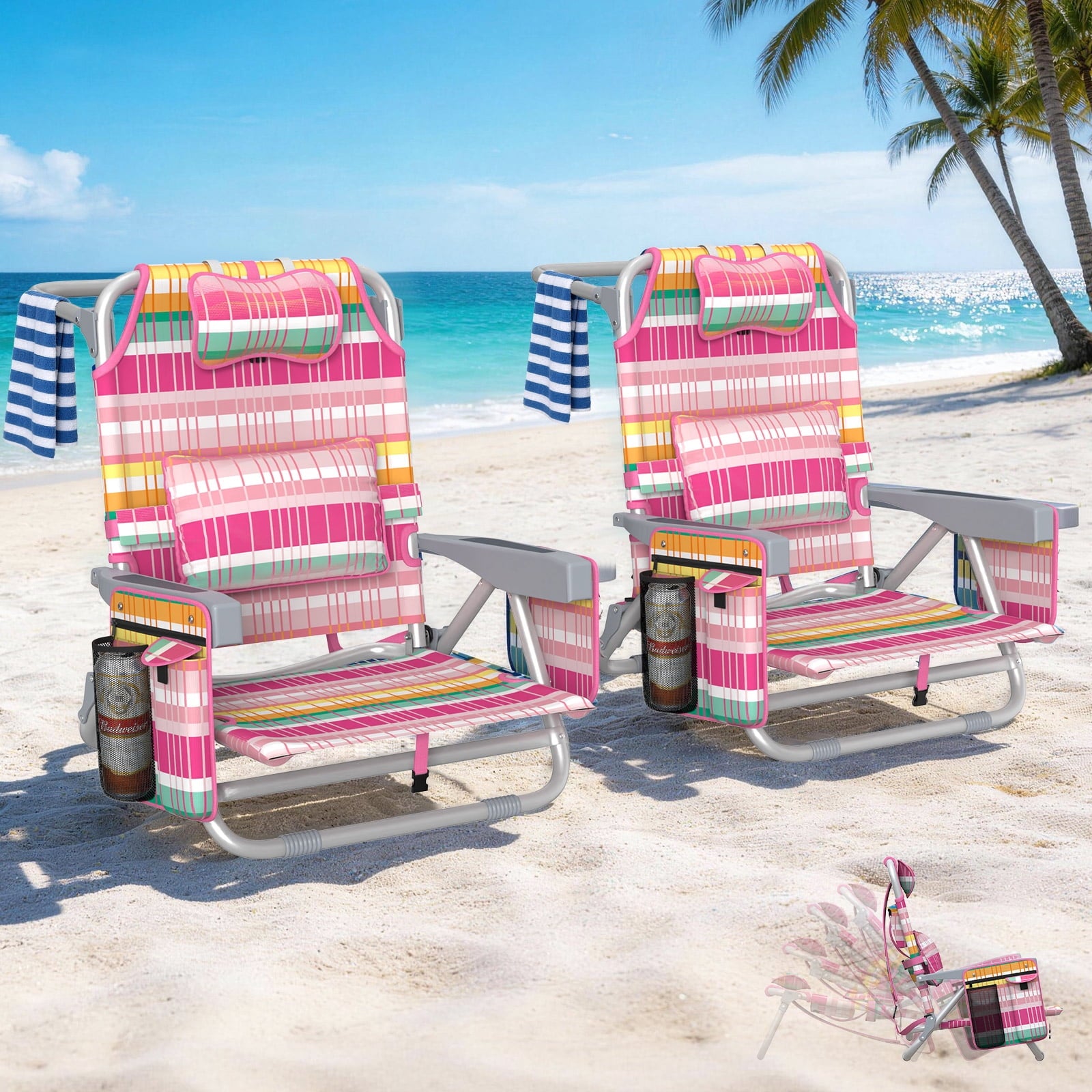 DKMOCO Beach Chairs 2 Pack, Folding Camping Chairs for Adults, Portable Outdoor Lounge Chair Set with Cup Holde r for Outside Lawn, Rainbow Pink Stripes