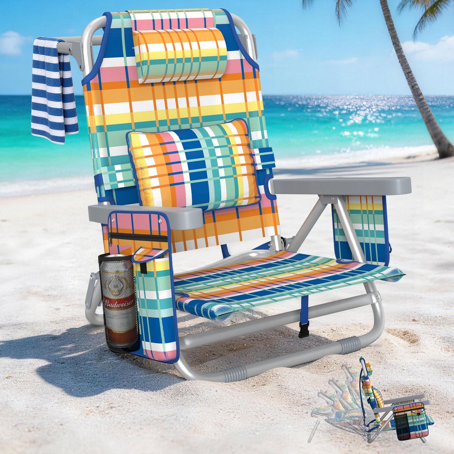 DKMOCO Beach Chairs 2 Pack, Folding Camping Chairs for Adults, Portable Outdoor Lounge Chair Set with Cup Holder for Outside Lawn, Blue-Green-Orange