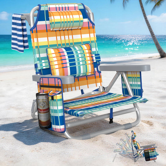 DKMOCO Beach Chairs 2 Pack, Folding Camping Chairs for Adults, Portable Outdoor Lounge Chair Set with Cup Holder for Outside Lawn, Blue-Green-Orange