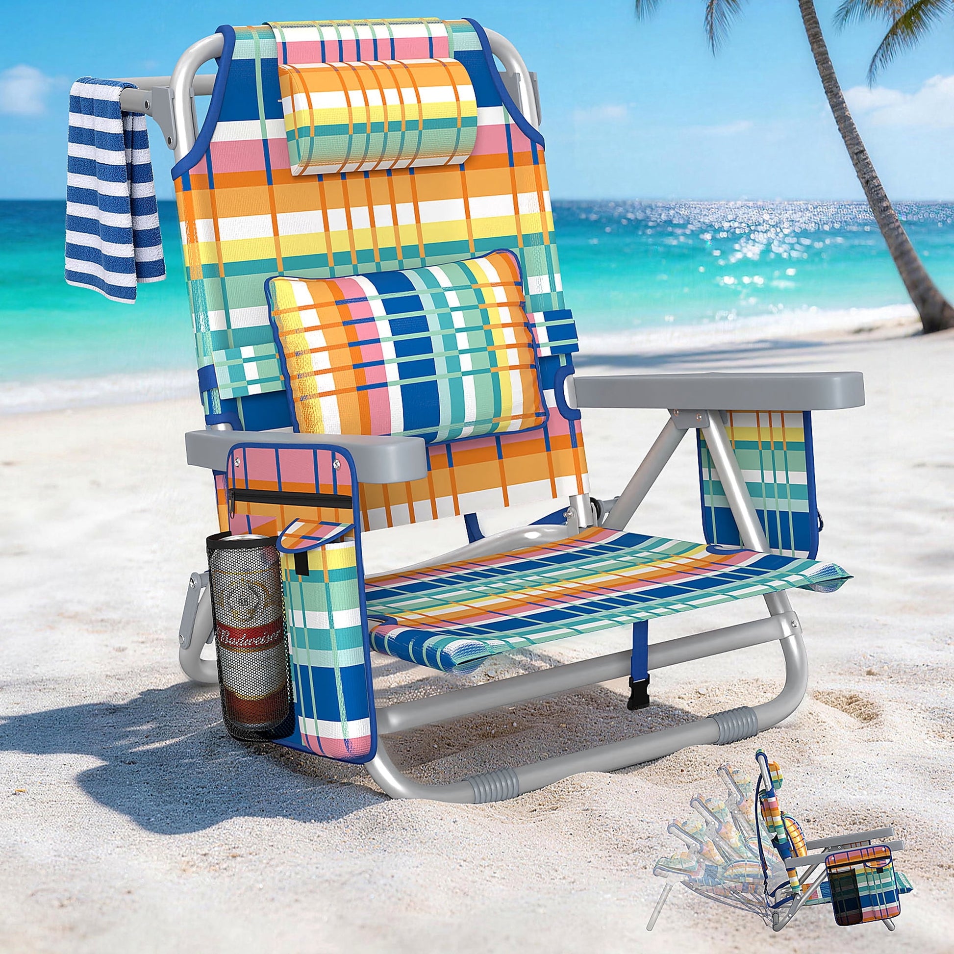 DKMOCO Beach Chairs 2 Pack, Folding Camping Chairs for Adults, Portable Outdoor Lounge Chair Set with Cup Holder for Outside Lawn, Rainbow Stripes
