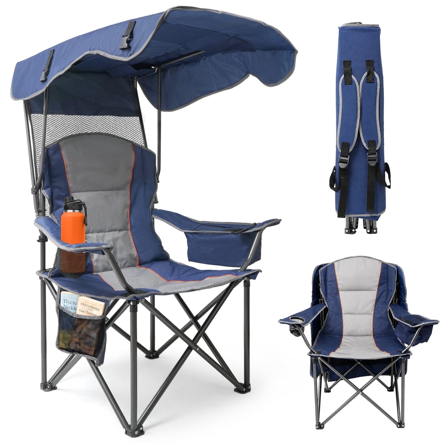 DKMOCO Camping Chair with Canopy, Outdoor Folding Chair with Adjustable Sun Shade, Cup Holder, Side Pocket, Heavy Duty Portable Lawn Chair for Adults, Blue Gray