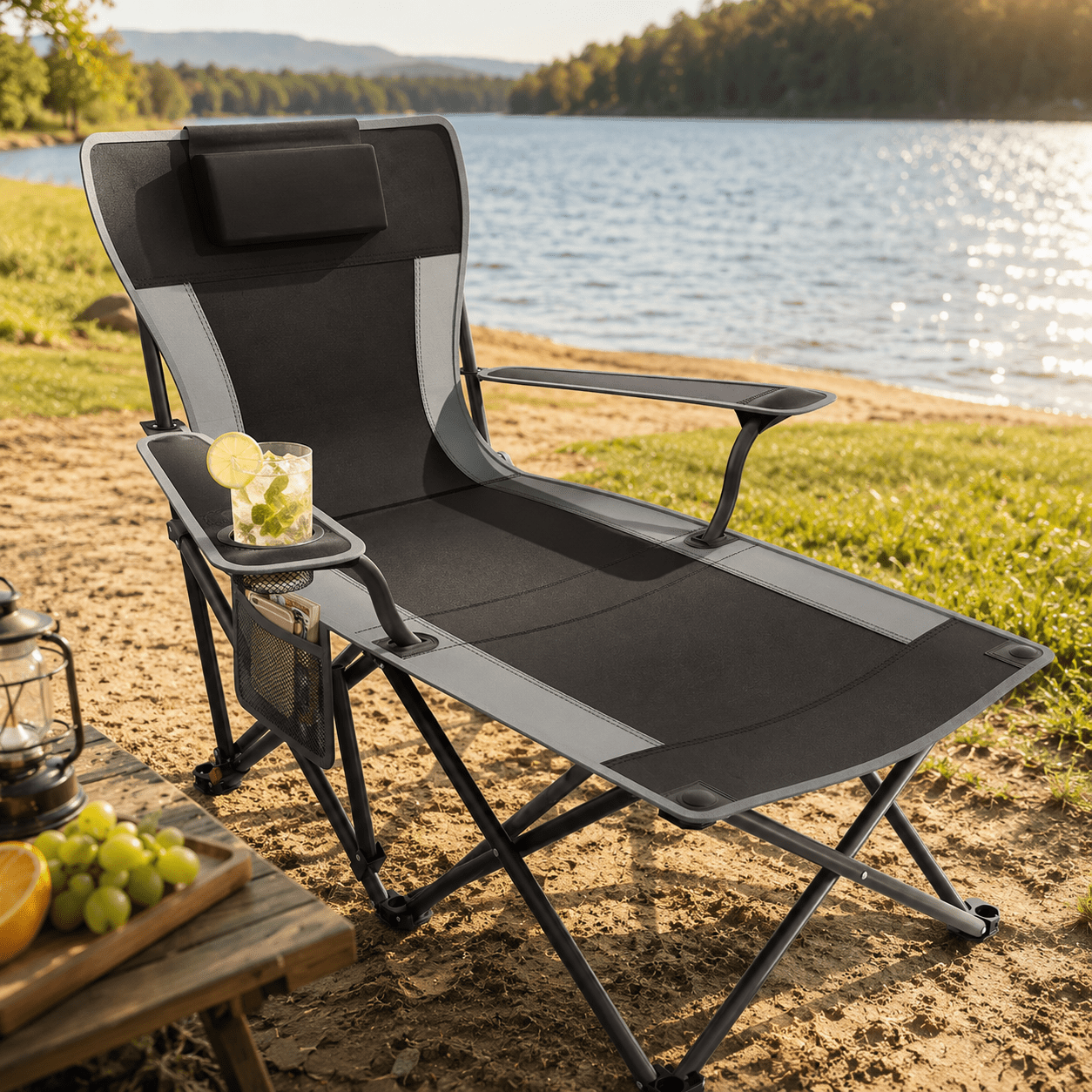 DKMOCO Folding Reclining Lounge Chair with Foot Rest Adjustable Camping Chair for Outdoor Beach Portable Patio Recliner with Detachable Pillow and Cup Holder Black