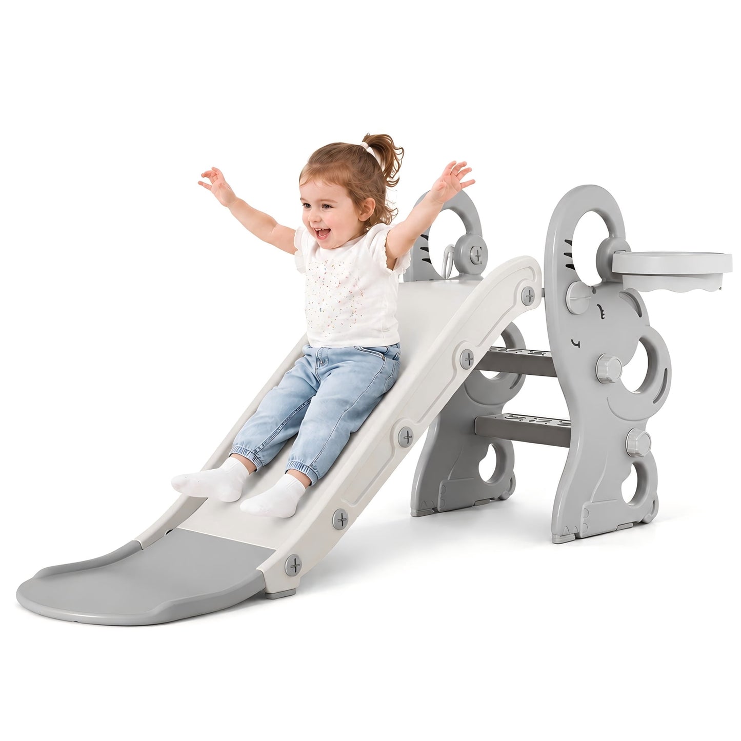 DKMOCO Foldable Toddler Slide，Kids Slide with Basketball Hoop & Ring Toss, Indoor Outdoor Playset for kids 1-3, White Gray