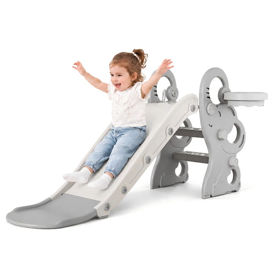 DKMOCO Foldable Toddler Slide，Kids Slide with Basketball Hoop & Ring Toss, Indoor Outdoor Playset for kids 1-3, White Gray
