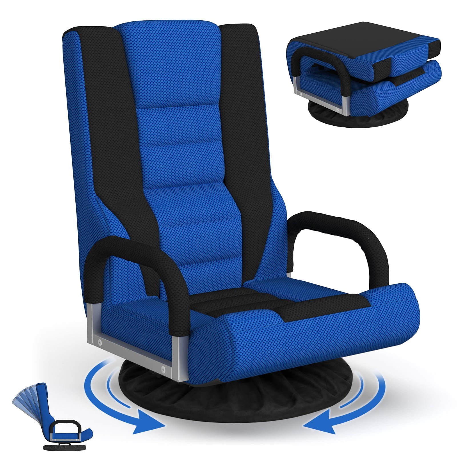 DKMOCO Folding Floor Gaming Chair with Back Support,360 Degree Swivel and 6-Position Adjustable Backrest,Padded Video Game Chair for Bedroom Living Room Adults,Blue Black