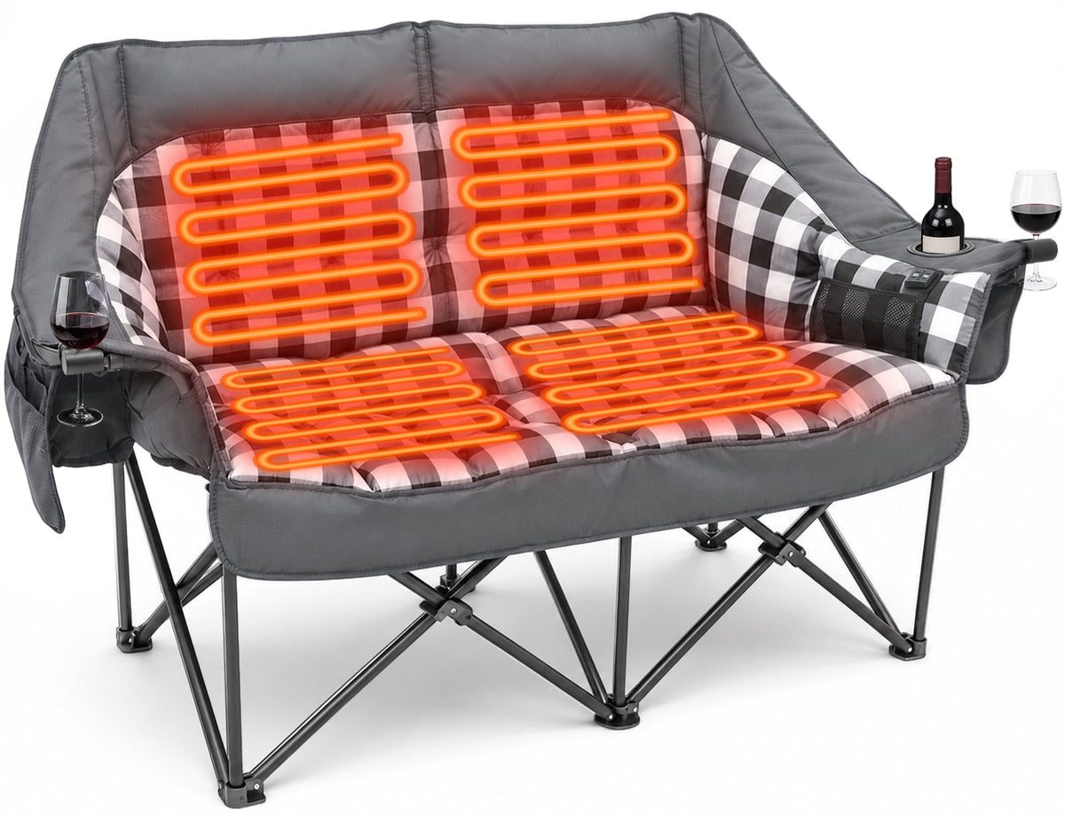 DKMOCO Heated Oversized Padded Double Camping Chair, Heavy Duty 2 Person Folding Loveseat, 800 lb Capacity, Cooler Bags and Wine Glass Holders