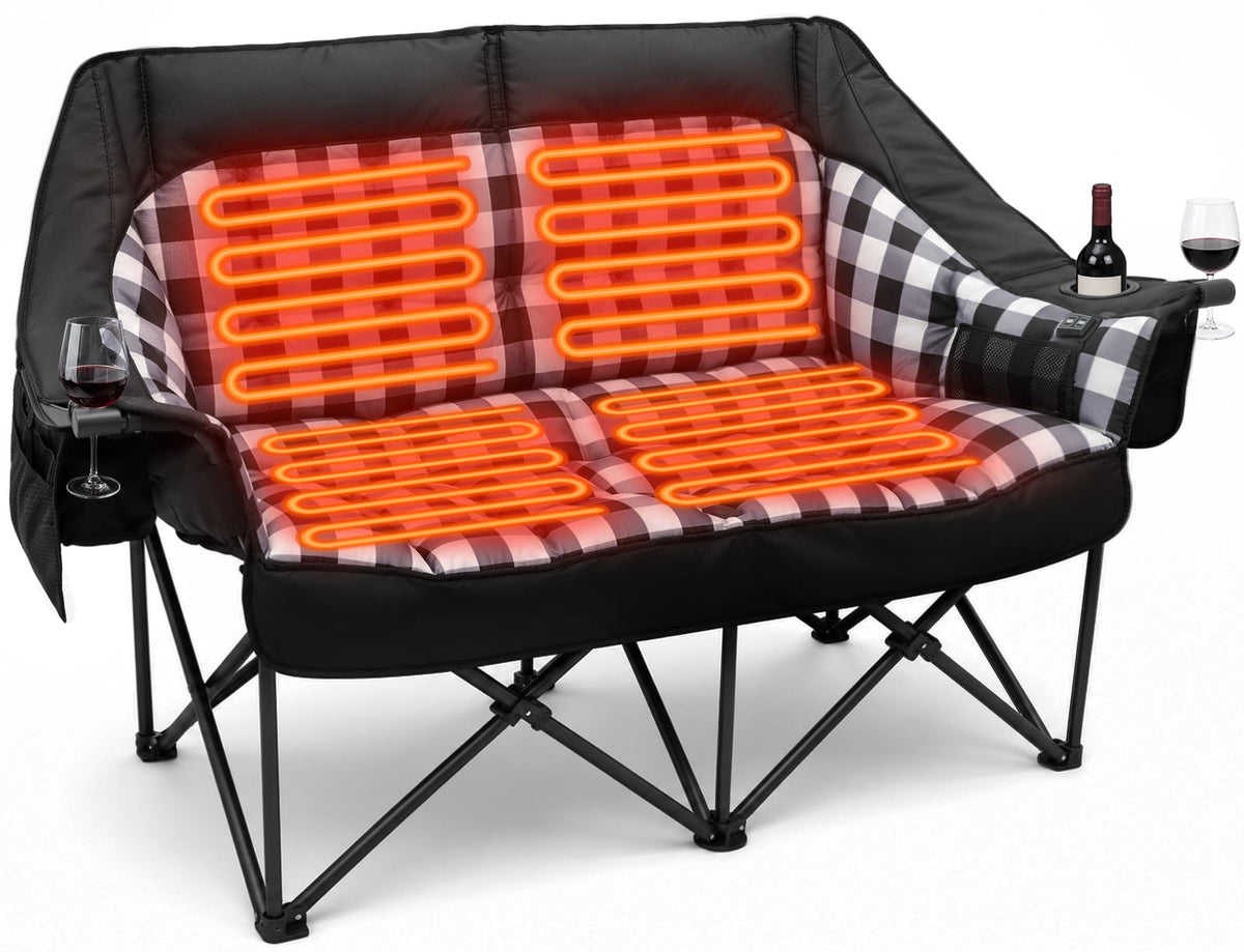 DKMOCO Heated Oversized Padded Double Camping Chair, Heavy Duty 2 Person Folding Loveseat, 800 lb Capacity, Cooler Bags and Wine Glass Holders