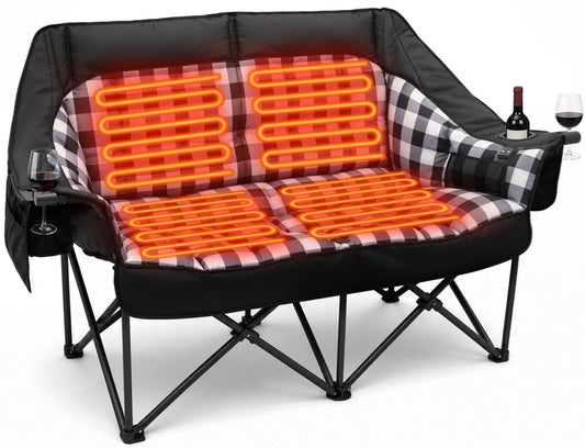 DKMOCO Heated Oversized Padded Double Camping Chair, Heavy Duty 2 Person Folding Loveseat, 800 lb Capacity, Cooler Bags and Wine Glass Holders