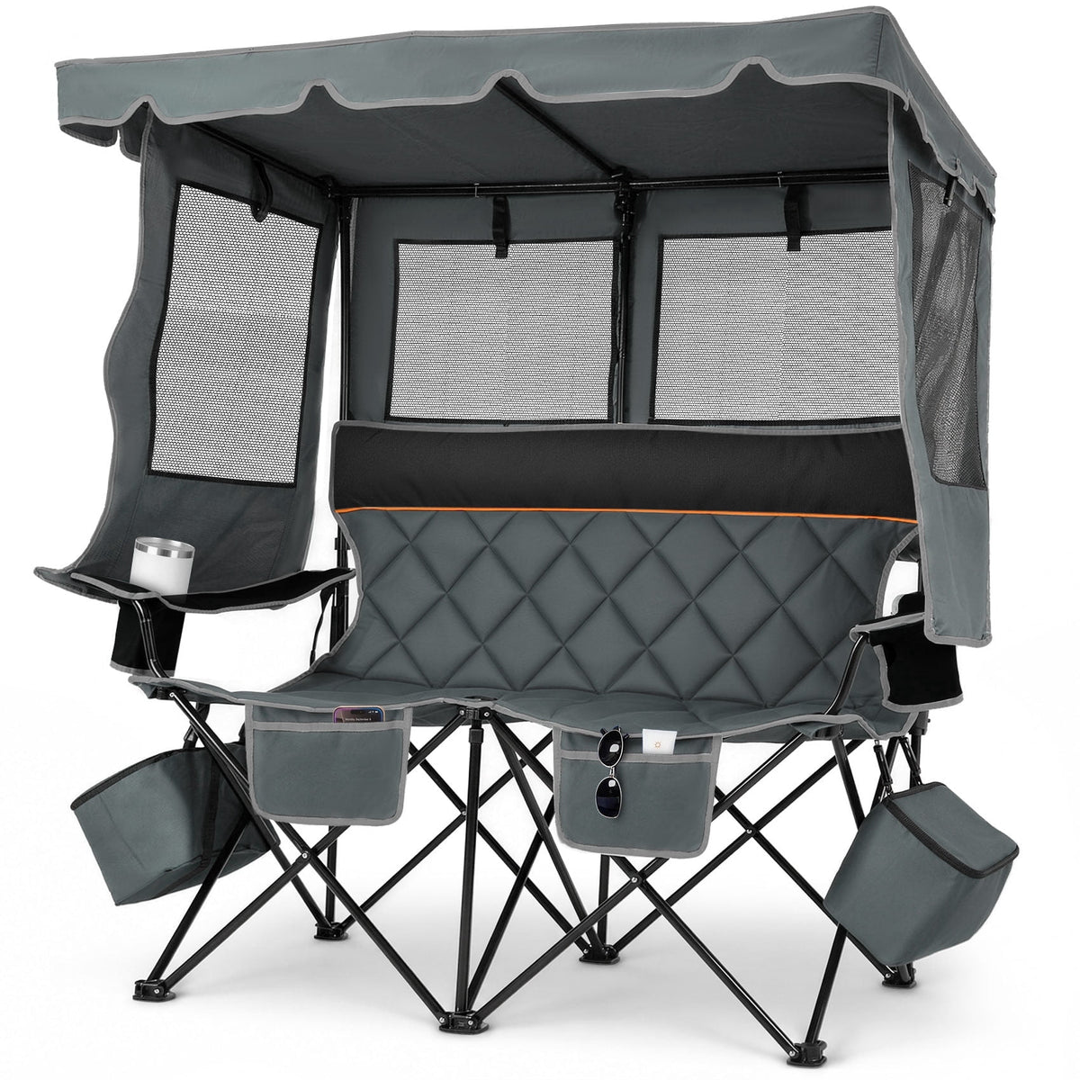 DKMOCO Oversized Double Camping Chair with Canopy Three Sides Sunshade for Adults 2 Cooler Bags Cup Holders 660 lbs Capacity Heavy Duty Folding for Camping Beach Fishing Outdoor Gray