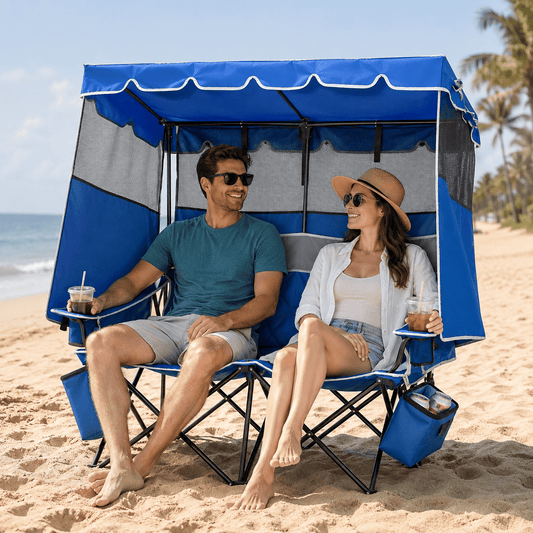 DKMOCO Oversized Double Camping Chair with Canopy Three Sides Sunshade Chair for Adults 2 Cooler Bags Cup Holders 660 lbs Capacity Heavy Duty Folding Chair for Camping Beach Fishing Outdoor Blue