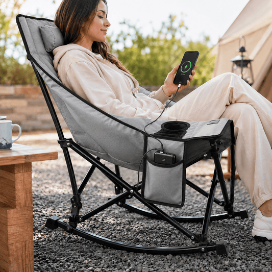 DKMOCO XL Oversized Heated Rocking Camping Chair for Adults, 3 Heat Levels, 330 lb Heavy Duty Folding Rocker with Cup Holder and Back Support
