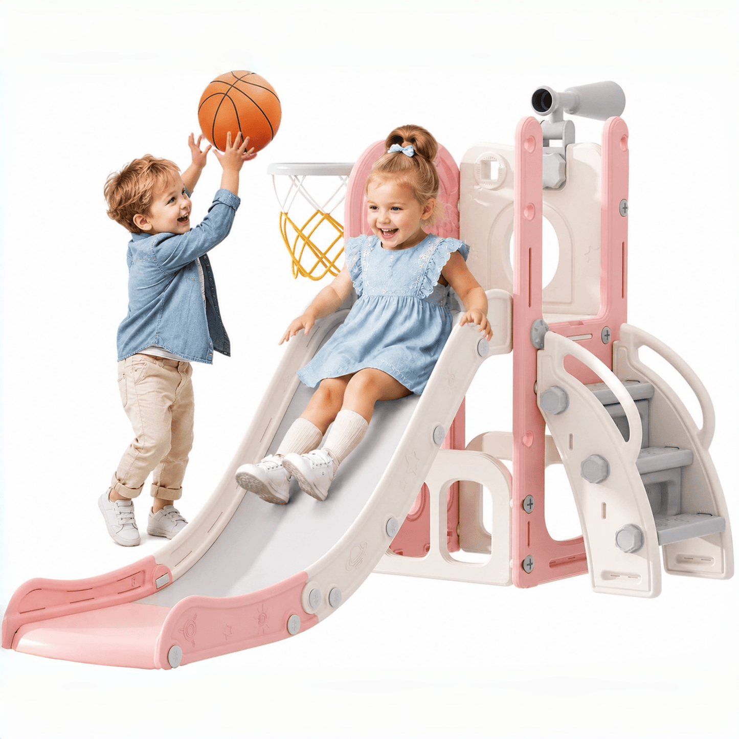 DKMOCO Toddler Slide, 6-in-1 Kids Slide with Basketball Hoop and Telescope, Outdoor Indoor Playset for todders 1-3, Pink