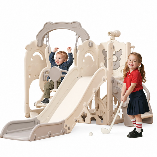 DKMOCO Toddler Slide and Swing Set, 7-in-1 Indoor Outdoor Toddler Playset with Climber, Basketball Hoop & Golf Toys, Playground for Kids Ages 1+, Cream&Gray