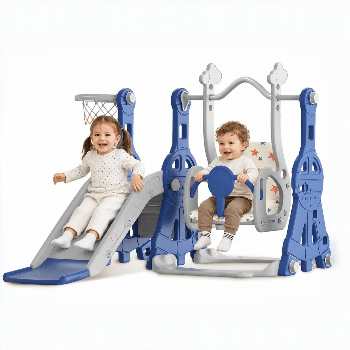 DKMOCO 4-in-1 Toddler Slide and Swing Set, Indoor Outdoor Kids Playground with Basketball Hoop, Climber Activity Playset for Toddlers Ages 1-2, Blue Gray