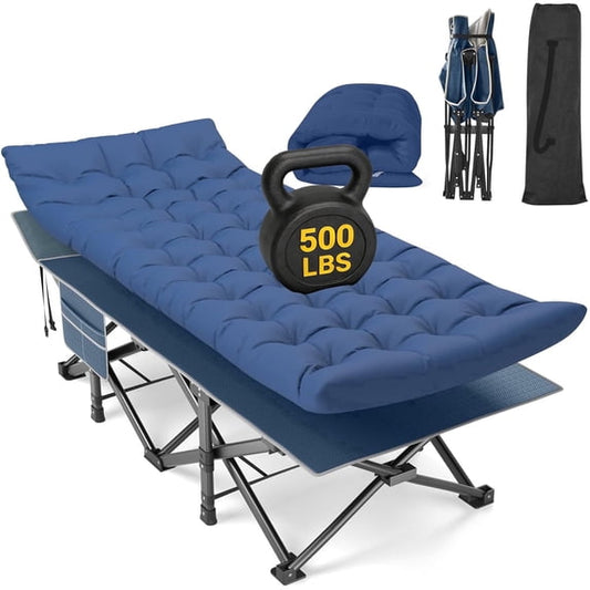 DKMOCO XXL Folding Camping Cot with Mattress for Adults,32" x 79" 500lbs Capacity Portable Bed with Carry Bag, for Office Home Nap, Outdoor,Camping(Blue Cot+Blue Pad)