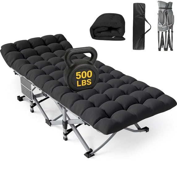 DKMOCO XXL Folding Camping Cot with Mattress for Adults,32" x 79" 500lbs Capacity Portable Bed with Carry Bag, for Office Home Nap, Outdoor,Camping(Gray Cot+Black Pad)