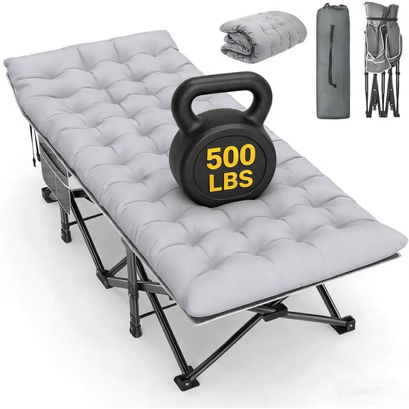 DKMOCO XXL Folding Camping Cot with Mattress for Adults,32" x 79" 500lbs Capacity Portable Bed with Carry Bag, for Office Home Nap, Outdoor,Camping(Gray Cot+Gray Pad)