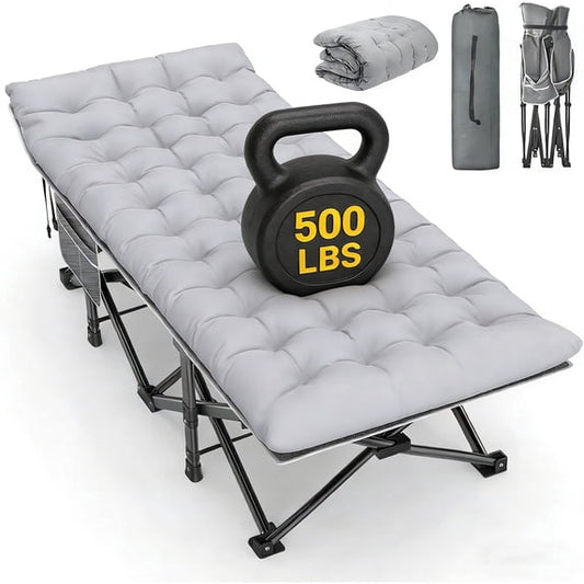 DKMOCO XXL Folding Camping Cot with Mattress for Adults,32" x 79" 500lbs Capacity Portable Bed with Carry Bag, for Office Home Nap, Outdoor,Camping(Gray Cot+Gray Pad)