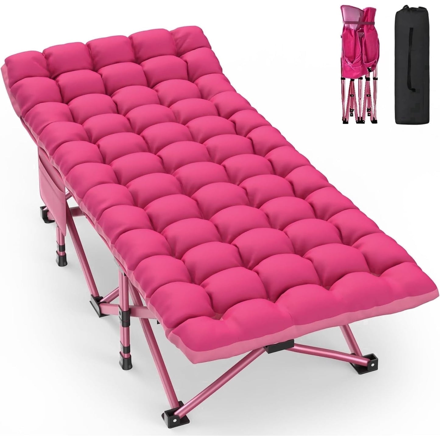 DKMOCO XXL Folding Camping Cot with Mattress for Adults,32" x 79" 500lbs Capacity Portable Bed with Carry Bag, for Office Home Nap, Outdoor,Camping(Pink Cot+Pink Pad)