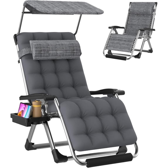 DKMOCO Zero Gravity Chair with Canopy, 29IN XL Reclining Camping Lounge Chairs w/Removable Cushion and Cup Holder, Folding Patio Recliner(Fossil Gray)