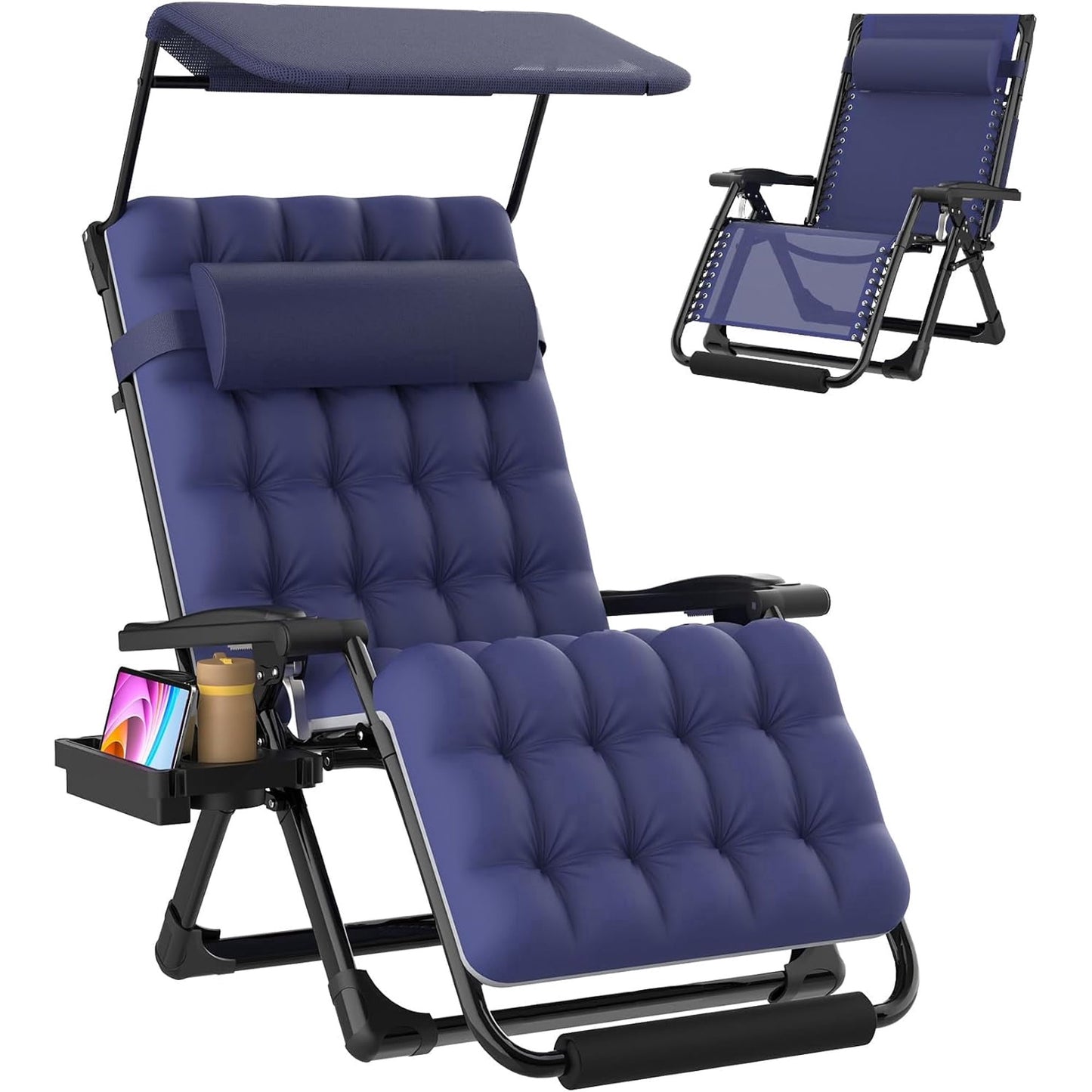DKMOCO Zero Gravity Chair with Canopy, 33IN XL Reclining Camping Lounge Chairs w/Removable Cushion and Cup Holder, Folding Patio Recliner(Blue)