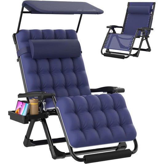 DKMOCO Zero Gravity Chair with Canopy, 33IN XL Reclining Camping Lounge Chairs w/Removable Cushion and Cup Holder, Folding Patio Recliner(Blue)