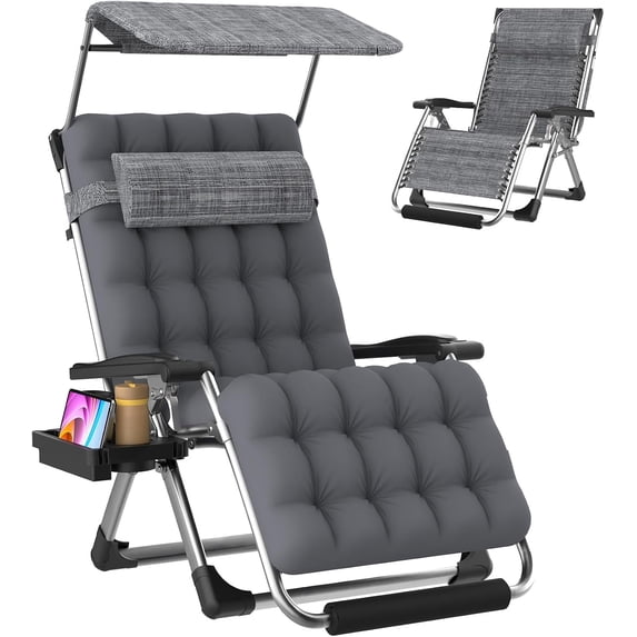 DKMOCO Zero Gravity Chair with Canopy, 33IN XL Reclining Camping Lounge Chairs w/Removable Cushion and Cup Holder, Folding Patio Recliner(Fossil Gray)